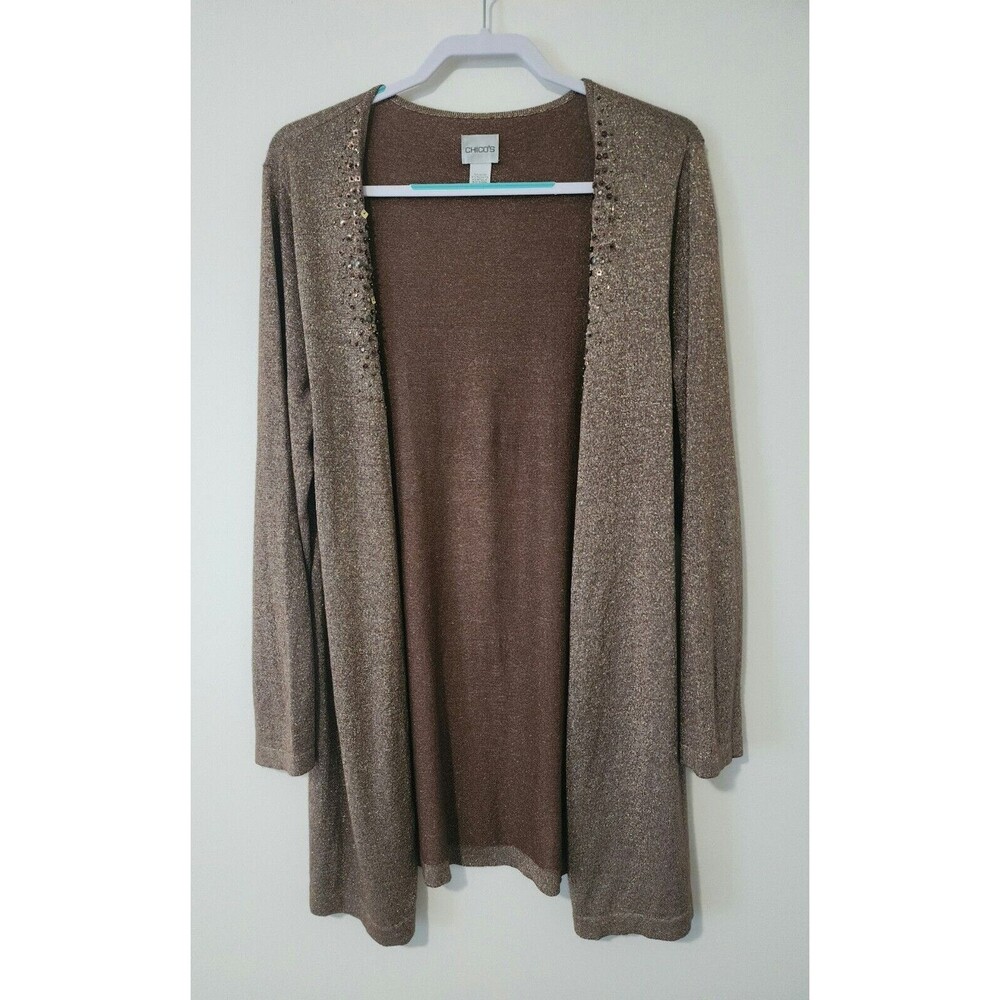 Chico's Womens Long Cardigan Brown Gold Embellished Button Up Size 3 XL 16 - Picture 4 of 10